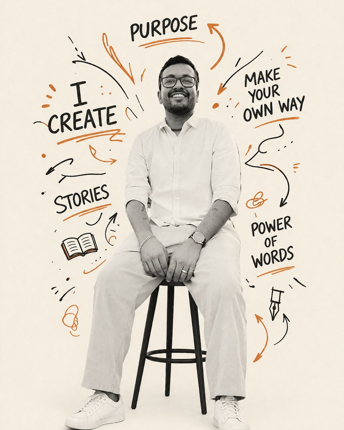 Mohit Kumawat sitting on a stool, surrounded by hand-drawn words — I create, stories, purpose, power of words